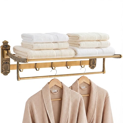 Brass Foldable Towel Rack with Hooks, Foldable Wall Mounted Bathroom Shelf Towel Bars Antique Gold Aluminum Rail Holder for Bathroom, Entryway, and Kitchen(2-Tier European Style,24") - size: 24", style: 2-tier European Style