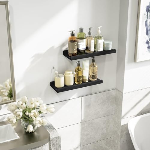 Love-KANKEI 17" Black Floating Wall Shelves with Lip,Solid Wood,Set of 2 | Protective Ledge,18 Lbs/shelf,Easy to Install,For Bedroom Living Room Bathroom Kitchen Office,Nursery Display,Wall Decor - color: Black, size: 17 inch