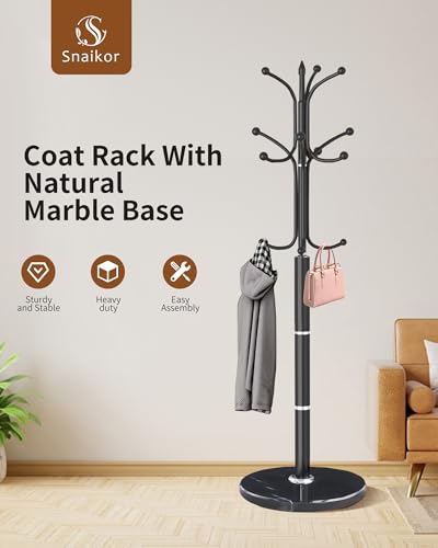 Snaikor Metal Coat Rack Freestanding, Sturdy Coat Rack Stand with Natural Marble Base, Modern Black Coat Racks Tree Hats Hanger Holder Stand for Entryway, Hallway, Office(12 Hooks) - color: Black-12Hooks