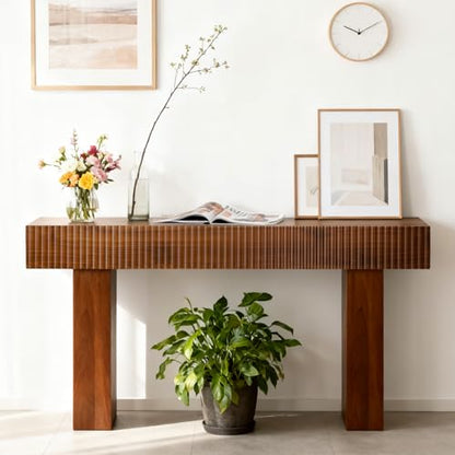 ZYBT 56" Fluted Console Table, Boho Vanity Desk Wooden Narrow Sofa Table Behind The Couch, Farmhouse Entryway Table for Entrance, Hallway,Living Room,Bedroom, Home Office,Brown - color: Brown-2 Legs