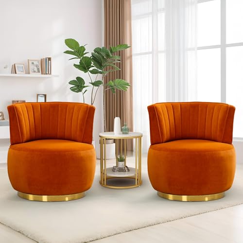 SLEERWAY 360° Swivel Barrel Chair, Modern Velvet Round Accent Chair, Comfy Upholstered Small Armchair with Gold Metal Base for Living Room Bedroom Nursery Office Sillas para Sala, Orange - color: Orange