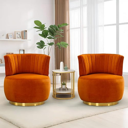 SLEERWAY 360° Swivel Barrel Chair, Modern Velvet Round Accent Chair, Comfy Upholstered Small Armchair with Gold Metal Base for Living Room Bedroom Nursery Office Sillas para Sala, Orange - color: Orange