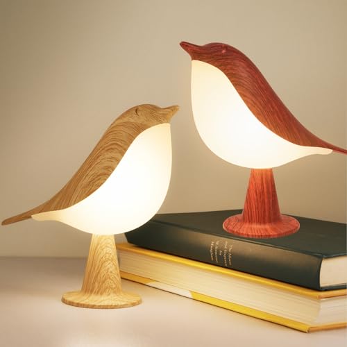 Deogos 2 Cute Bird Lamps Combo,Small Bedside Lamps with 3 Color Temperature and Adjustable Brightness,Rechargeable Cordless Lamp for Bedroom Nightstand Bedside Table (Wood Tone + Red) | 2 Packs Bird Night Light, Rechargeable Table Lamp with 3 Color Modes