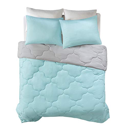 Comfort Spaces Vixie Reversible Comforter Set - Trendy Casual Geometric Quilted Cover, All Season Down Alternative Cozy Bedding, Matching Sham, Aqua/Gray, Twin/Twin XL 2 piece | Down Alternative, All Season, Bedding for Bedroom, Geometric Pattern, Reversi