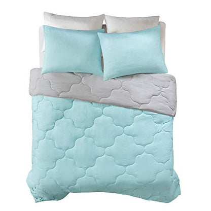 Comfort Spaces Vixie Reversible Comforter Set - Trendy Casual Geometric Quilted Cover, All Season Down Alternative Cozy Bedding, Matching Sham, Aqua/Gray, Twin/Twin XL 2 piece | Down Alternative, All Season, Bedding for Bedroom, Geometric Pattern, Reversi