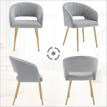 Velvet Home Office Desk Vanity Chair, No Wheels, Gold Legs, Grey | Modern Accent Chair with Stylish Stripe Design, Spacious‌ Soft Seat for Girls & Women Bedroom Makeup or Nail Table - color: Grey Velvet, No Wheels