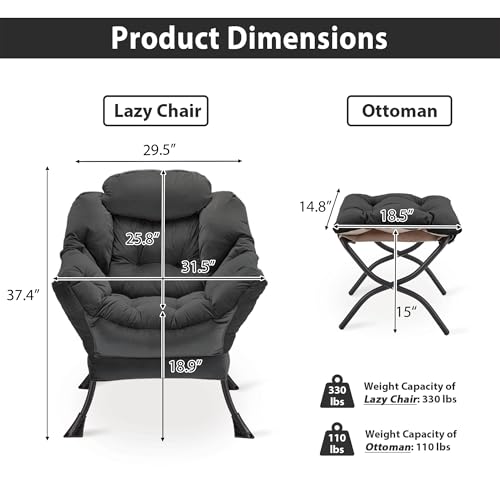 Youtanic Lazy Chair with Folding Ottoman, Accent Chair Velvet Upholstered with Metal Structure and Non-Slip Pads, Sofa Armchair with Footrest and Side Storage Bag for Dorm, Office, Charcoal - color: Charcoal
