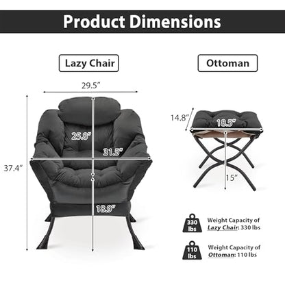 Youtanic Lazy Chair with Folding Ottoman, Accent Chair Velvet Upholstered with Metal Structure and Non-Slip Pads, Sofa Armchair with Footrest and Side Storage Bag for Dorm, Office, Charcoal - color: Charcoal