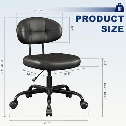 Misolant Vanity Chair with back, Small Armless Cute office Chair with wheels and Lumbar support, Comfy PU Leather Desk Computer Chairs with Adjustable Height, 360°Swivel for Home Bedroom Office, Black - color: Black