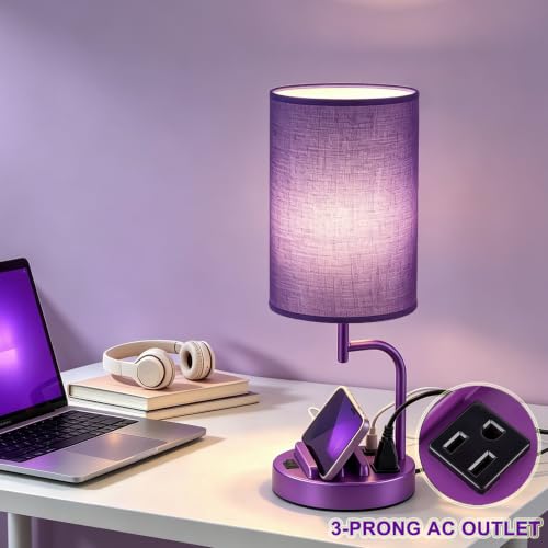 Dreamholder 2 Pack Table Lamp, Bedside Lamp with 3 USB Charging Ports & AC Outlet, USB Desk Lamp with 2 Phone Holders, Linen Fabric Shade Nightstand Lamps for Bedroom Living Room Office, Purple - color: Purple