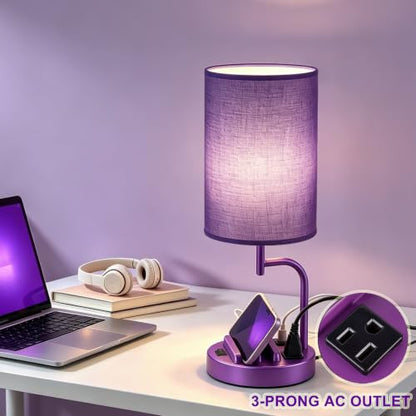 Dreamholder 2 Pack Table Lamp, Bedside Lamp with 3 USB Charging Ports & AC Outlet, USB Desk Lamp with 2 Phone Holders, Linen Fabric Shade Nightstand Lamps for Bedroom Living Room Office, Purple - color: Purple