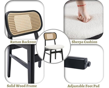EALSON Rattan Dining Chairs Set of 2 Cane Back Farmhouse Dining Room Chairs Mid Century Kitchen Chairs with Black Wood Frame Sherpa Upholstered Side Chair for Kitchen & Dining Room, Beige - color: Sherpa Beige-black Wood Frame, size: 2PCS