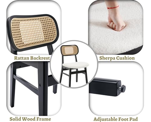 EALSON Rattan Dining Chairs Set of 4 Cane Back Farmhouse Dining Room Chairs Mid Century Kitchen Chairs with Black Wood Frame Sherpa Upholstered Side Chairs for Kitchen & Dining Room, Beige - color: Sherpa Beige-black Wood Frame, size: 4PCS