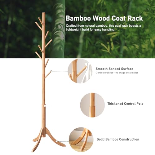 kiplant Coat Rack Freestanding, Bamboo Wood Coat Stand with 8 Hooks,3 Adjustable Size,Easy Assembly NO Tools Required, Coat Tree Hanger Stand for CoatsScarves in Hallway - color: Nature
