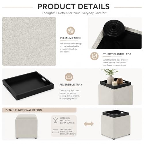 Storage Square Ottoman with Tray, Small Fabric Foot Rest Stool Cube, Coffee Table for Dorm Living Room Bedroom, White - color: White