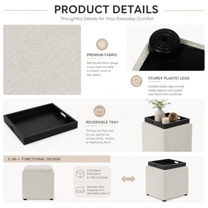Storage Square Ottoman with Tray, Small Fabric Foot Rest Stool Cube, Coffee Table for Dorm Living Room Bedroom, White - color: White