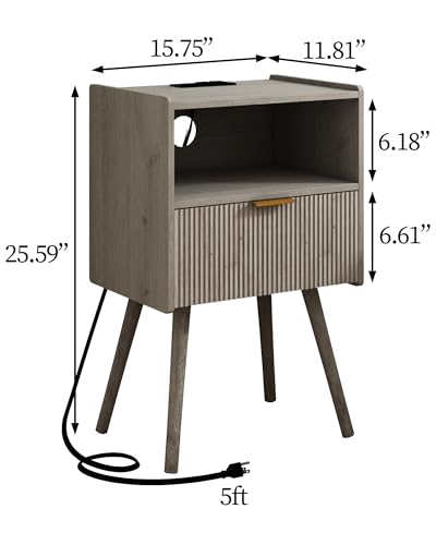 Nightstand with Outlet,Modern Bedside Table with Storage Drawer and Open Wood Shelf, for Living Room, Bedroom and Small Spaces, Accent Night Stand with Solid Wood Legs, Easy Assembly,Grey Oak - color: Grey Oak-outlet