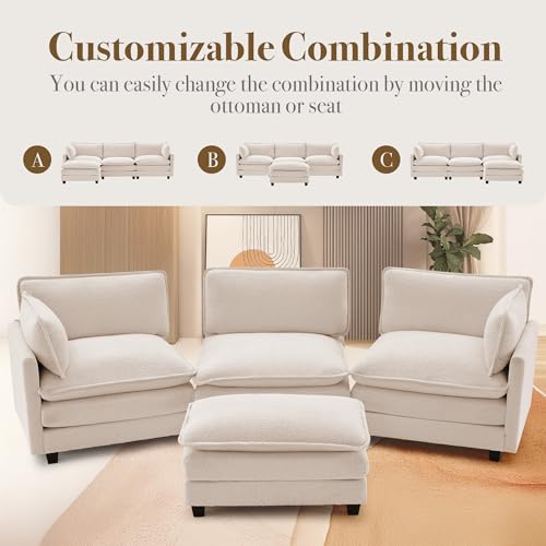 ROWHY 112'' Modular Sectional Cloud Couch with Movable Ottoman, 4 Seat Modern Chenille Sofa, Deep Seat L Shaped Couch for Living Room Bedroom Apartment,Cream White - color: Cream White, size: 112''