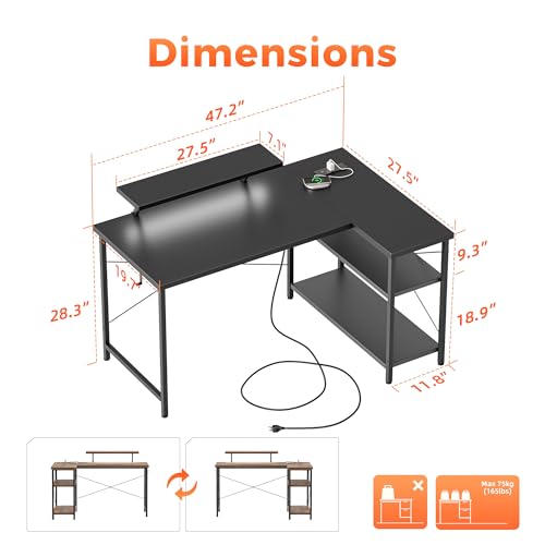 48 in Corner Desk with Monitor Stand, Small L Shaped Gaming Desk | Reversible Computer Desk with Power Outlets, LED Light & Storage Shelves, Office Table for Home Bedroom Study Work Writing - color: Black, size: 48 inch