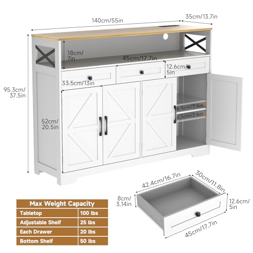Lahomie Sideboard Buffet Cabinet with Storage, 55" Kitchen Buffet Cabinet with Charging Station, Farmhouse Coffee Bar Station with Drawers and Doors, Credenza for Kitchen Living Room Entryway, White - color: White, size: 55"W