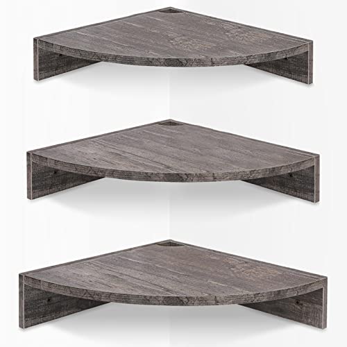 Corner Floating Shelves, Set of 3 Corner Wall Shelves for Storage and Display, 3 Tier Wood Hanging Shelf Organizer for Cable Box, for Bedroom, Bathroom, Kitchen, Rustic Grey - color: Grey