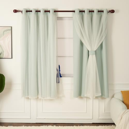 INLINAS Blackout Curtains with Sheer Overlay, Mint, 52x63 Inches | Grommet Top Double Layer Curtains for Bedroom and Living Room Thermal Reduction Light Blocking and Energy Saving, Set of 2 - color: Mint, size: 52"W x 63"L (Pack of 2)