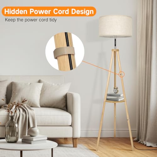 OUTON Wood Tripod Floor Lamp with Shelves, Mid Century LED Modern Dimmable Floor Lamp with Remote Control, Sturdy Tall Standing Lamp with Beige Lamp Shade for Living Room, Bedroom, Office - color: Wood & Touch Control