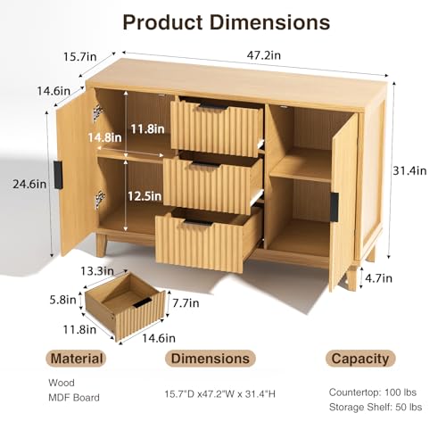 47.2" W Storage Cabinet with 3 Drawers, Fluted Buffet Cabinet with Storage | Large Sideboard with 2 Doors, Modern Mid Century TV Stand Coffee Bar Cabinets for Living Room, Kitchen, Entryway, Wood Grain - color: Wood Grain, size: 3 Drawers - 15.7"D x 47.2"