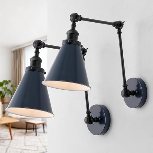 JONATHAN Y Rover 1-Light Wall Sconce 7", Navy/Black, Set of 2 | Adjustable Arm, Hardwired Bedside Reading Swing Arm, Farmhouse Cone Shade, Metal Hardwired Indoor Fixture, LED Bulbs Included - color: Navy/Black, size: Set of 2