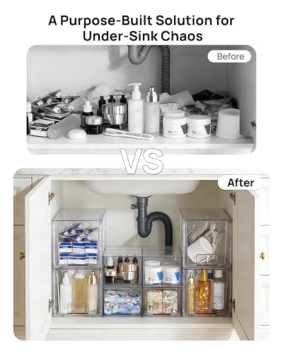 Vtopmart 8 Pack Clear Pull-Out Under Sink Organizer Set (4 Large & 4 Small) | Stackable Storage Drawers, Designed to Fit Bathroom & Kitchen, Under-Sink Organization