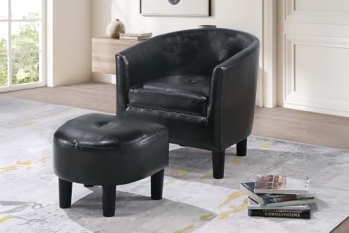 Penau Black Faux Leather Accent Chair, Ottoman Set, Compact | Faux Leather Upholstery, Curved Barrel Back, Rolled Arms, Matching Ottoman, Compact Room Accent