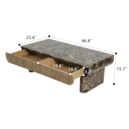 47" Coffee Table with Faux Marble Tabletop with Drawer | Modern Rectangular Center Table for Living Room, Contemporary Tea Table for Apartment,Natural Walnut - color: 47" Coffee Table With Faux Marble Tabletop,walnut