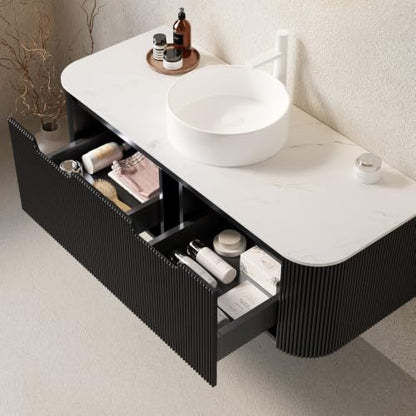 48" Floating Bathroom Vanity with Sink, Wall Mounted Plywood Cabinet, Black Fluted Front, Sintered Stone Countertop, White Round Ceramic Vessel Sink, Soft-Close Drawer, Pre-Assembled - color: Black Cabinet / White Sink, size: 48 Inch