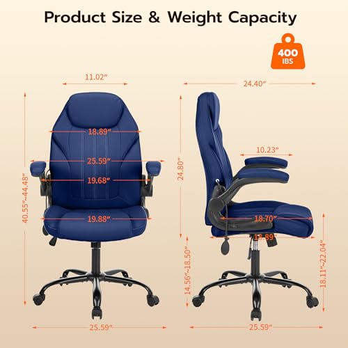 Ylzyxal Office Desk Chair, Ergonomic Computer Chair with Padded Flip-Up Arms and Adjustable Lumbar Support, PU Leather Executive Chair with Tilt Lock and 360° Swivel Rolling Wheels for Work, Study - color: Blue