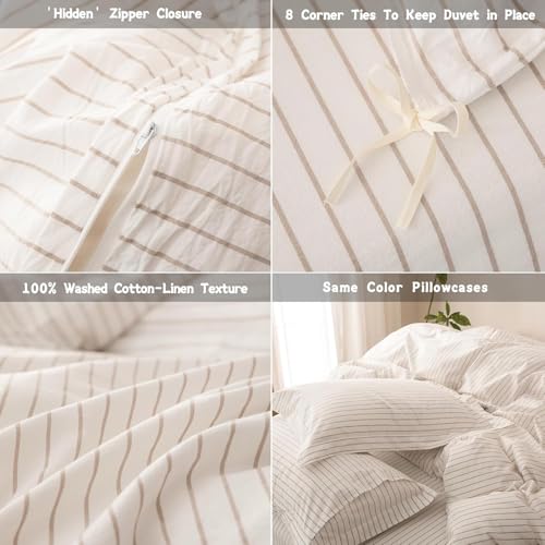 2Pcs Off White & Linen Grey Striped Twin Duvet Cover Set | Linen Feel Striped,Washed Cotton,1 Duvet Cover & 1 Pillow Shams,Hidden Zipper,Soft Breathable,Lightweight,8 Corner Ties - color: Off White Linen Grey Stripe-no Comforter, size: Twin (90"x68")