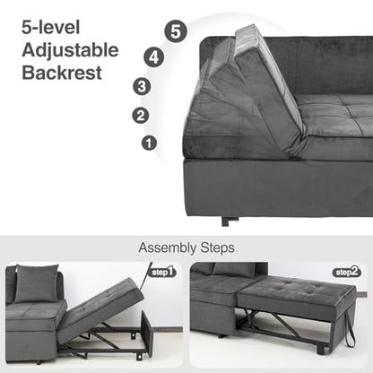 Convertible Sofa Bed 4-in-1 Pull Out Couch, Ottoman Bed Sleeper, Light Grey | Velvet Love seat Couch Sleeper Chair Bed with USB Ports, 5 Adjustable Backrest and Pillow for Living Room Apartment Office - color: Light Grey
