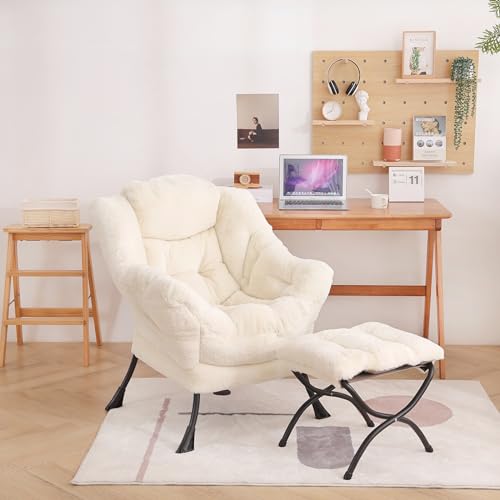 Welnow Lazy Chair with Ottoman, Reading Chair with Footrest, Plush Beige | A Side Pocket,Armrests,Foldable Footrest,Thick Cushioned Seat & Backrest, Lounge Chair for Bedroom,Living Room & Small Space - color: Plush Beige