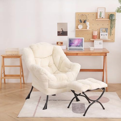 Welnow Lazy Chair with Ottoman, Reading Chair with Footrest, Plush Beige | A Side Pocket,Armrests,Foldable Footrest,Thick Cushioned Seat & Backrest, Lounge Chair for Bedroom,Living Room & Small Space - color: Plush Beige