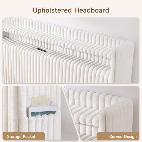 54" Tall Headboard Queen Size with Storage, LED Light, Corduroy Wingback Headboard with Charging Station, Upholstered Head Board Queen w/High-Density Sponge Padding, Storage Pockets, Off White