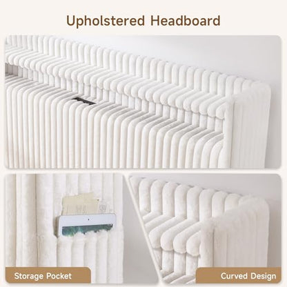 54" Tall Headboard Queen Size with Storage, LED Light, Corduroy Wingback Headboard with Charging Station, Upholstered Head Board Queen w/High-Density Sponge Padding, Storage Pockets, Off White