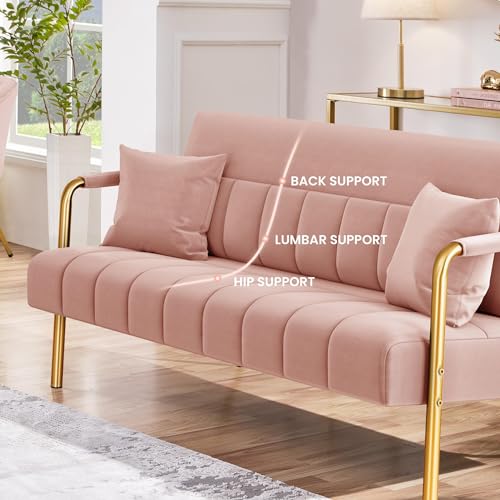 Yaheetech 56.5" Smal Sofa 2 Seater Couch with Gold-Tone Legs, Pink | Small Sofa Loveseat Velve 2 Seater Couch with Tufted Back Gold Metal Frame 2 Pillows for Office, Studio,Living Room - color: Pink, size: 56.5" W