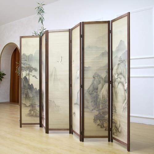 6 Panel Bamboo Room Divider, 5.6 ft Tall Double-Sided Folding Privacy Screen, Premium Thickened Wood Frame with Mountains and Waters Landscape for Home & Office (67" H x 94.5" W) - color: Mountains and Waters, size: 6 Panel
