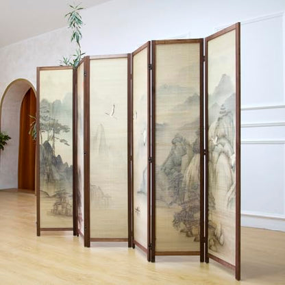 6 Panel Bamboo Room Divider, 5.6 ft Tall Double-Sided Folding Privacy Screen, Premium Thickened Wood Frame with Mountains and Waters Landscape for Home & Office (67" H x 94.5" W) - color: Mountains and Waters, size: 6 Panel