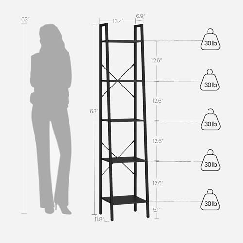 Hzuaneri Ladder Shelf, Bookshelf, Freestanding Corner Storage Shelf | Bookcase with 2 Hooks for Office, Living Room, Kitchen, Bedroom, Industrial, 11.8"D x 13.4"W x 63"H, Black BC03204B - color: Black, size: 11.8"D x 13.4"W x 63"H