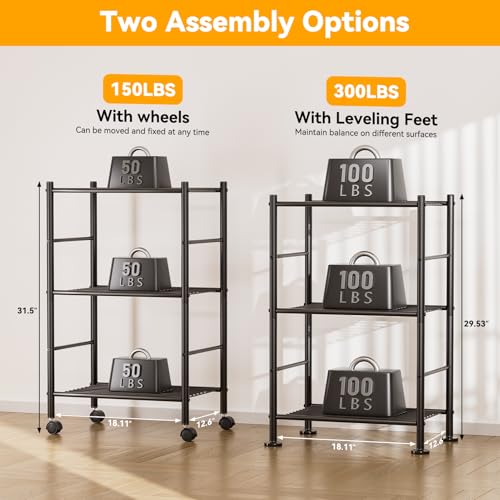 BolDuck 3 Tier Shelf Organizer Rack, Metal Shelving Unit with Wheels/Leveling Feet, Space-Saving Storage Shelves for Closet Laundry Bathroom Kitchen Pantry, 18.11" Wx12.6 Dx31.5 H - size: 3 Tier Shelf with Wheels