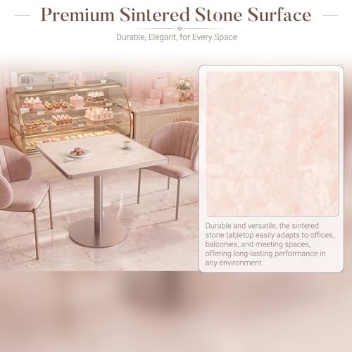 31.5'' Tulip Table, Round Dining Table with Glossy Sintered Stone Tabletop | Rose Gold Aluminum Alloy Edge & Pedestal, Small Bistro Table for Dining Room/Café/Small Spaces/Restaurant (Blush Onyx) - color: Blush Onyx (Rose Gold), size: Round