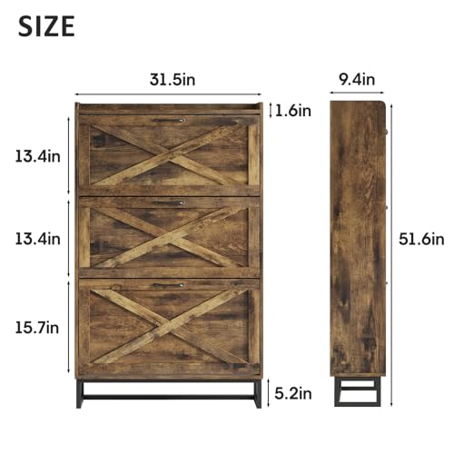 Maupvit Shoe Storage Cabinet with 3 Flip Drawers, Freestanding Organizer with Metal Legs for Entryway, Narrow Shoe Rack Cabinet, Rustic Brown - color: Rustic Brown, style: 3-Drawers