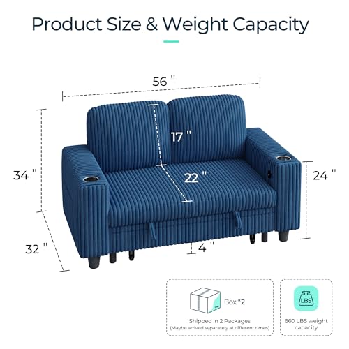 LINSY HOME Loveseat Sofa with Storage - Comfy Plush Corduroy 2 Seater Sofa with USB Charging & Cup Holders, Deep Seat Love Seat for Small Spaces Living Room Bedroom Apartment, Blue - color: Blue