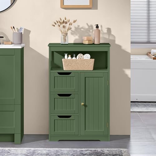 Yaheetech Small Freestanding Bathroom Storage Cabinet with 3 Drawers, Green | Slim Floor Cabinet Organizer for Bathroom, Living Room or Entryway, Beadboard Fronts, an Open Cubby, Adjustable MDF Shelf - color: Green, size: 12"D x 22"W x 34"H