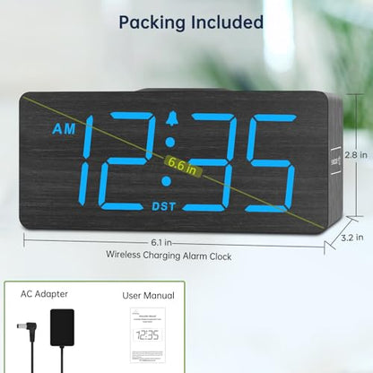 DreamSky Wooden Digital Alarm Clock with Wireless Charging for Bedroom | Bedside Nightstand Clock with Charger Station, USB Port, Large Numbers, Adjustable Volume, Brightness Dimmer, DST - color: Blue
